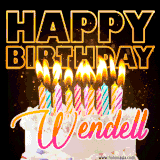 A vibrant animated GIF featuring a delicious birthday cake topped with glowing candles and the name 'Wendell' in elegant script, and the words 'Happy Birthday' on the black background.