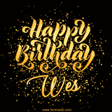 Animated GIF with colorful, festive 'Happy Birthday Wes' text decorated with patterns, a party hat, and falling confetti. A vibrant and cheerful design for birthday celebrations.