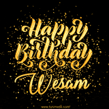 Animated GIF with colorful, festive 'Happy Birthday Wesam' text decorated with patterns, a party hat, and falling confetti. A vibrant and cheerful design for birthday celebrations.
