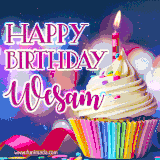 A festive animated GIF featuring a colorful cupcake with a single lit candle, sprinkles, and 'Happy Birthday Wesam' text against a sparkling, celebratory background.
