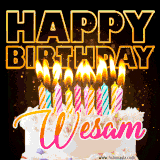 A vibrant animated GIF featuring a delicious birthday cake topped with glowing candles and the name 'Wesam' in elegant script, and the words 'Happy Birthday' on the black background.