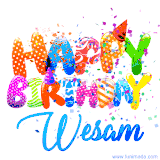 Animated GIF with colorful, festive 'Happy Birthday Wesam' text decorated with patterns, a party hat, and falling confetti. A vibrant and cheerful design for birthday celebrations.
