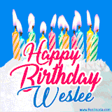 A cheerful animated GIF featuring colorful lit birthday candles on a white cake, with the text 'Happy Birthday Weslee' in bold red and blue script on a bright blue background.