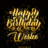 Animated GIF with colorful, festive 'Happy Birthday Weslee' text decorated with patterns, a party hat, and falling confetti. A vibrant and cheerful design for birthday celebrations.