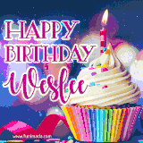 A festive animated GIF featuring a colorful cupcake with a single lit candle, sprinkles, and 'Happy Birthday Weslee' text against a sparkling, celebratory background.