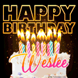 A vibrant animated GIF featuring a delicious birthday cake topped with glowing candles and the name 'Weslee' in elegant script, and the words 'Happy Birthday' on the black background.