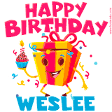 A funny animated birthday GIF with the words 'Happy Birthday Wesleea', colorful gift box with arms and legs, holding a cupcake with a lit candle  with confetti everywhere.