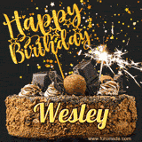 Animated GIF featuring the text 'Happy Birthday Wesley' written in glittering gold above the luxurious chocolate birthday cake adorned with truffles, gold stars, and sparklers.