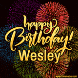 A vibrant display of multicolor fireworks with the text 'Happy Birthday Wesley' written in gold, glowing beautifully in front of the explosive background.