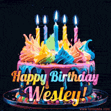 A vibrant animated GIF featuring a colorful rotating birthday cake with bright frosting swirls, glowing candles, and the text 'Happy Birthday Wesley!' in rainbow colors.