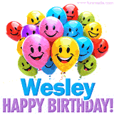 An animated birthday-themed name GIF with colorful smiling balloons and bold 'Wesley, Happy Birthday!' text for a celebratory touch.
