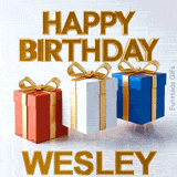 Modern digital e-card wishing Happy Birthday Wesley featuring a seamless loop of three 3D gift boxes bouncing cheerfully on a light background