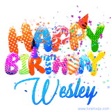 Animated GIF with colorful, festive 'Happy Birthday Wesley' text decorated with patterns, a party hat, and falling confetti. A vibrant and cheerful design for birthday celebrations.