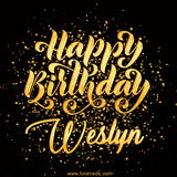 Animated GIF with colorful, festive 'Happy Birthday Weslyn' text decorated with patterns, a party hat, and falling confetti. A vibrant and cheerful design for birthday celebrations.