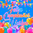 A vibrant animated GIF with 'Feliz Cumpleaños Weslyn' written in colorful script, surrounded by balloons, confetti, and bunting on a bright blue background.