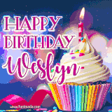 A festive animated GIF featuring a colorful cupcake with a single lit candle, sprinkles, and 'Happy Birthday Weslyn' text against a sparkling, celebratory background.