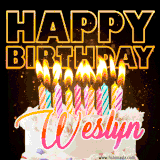 A vibrant animated GIF featuring a delicious birthday cake topped with glowing candles and the name 'Weslyn' in elegant script, and the words 'Happy Birthday' on the black background.
