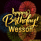 A vibrant display of multicolor fireworks with the text 'Happy Birthday Wesson' written in gold, glowing beautifully in front of the explosive background.