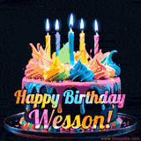 A vibrant animated GIF featuring a colorful rotating birthday cake with bright frosting swirls, glowing candles, and the text 'Happy Birthday Wesson!' in rainbow colors.