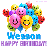 An animated birthday-themed name GIF with colorful smiling balloons and bold 'Wesson, Happy Birthday!' text for a celebratory touch.