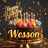 Shimmering animated card featuring a festive chocolate birthday cake with burning candles and the name Wesson.