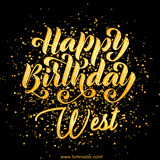Animated GIF with colorful, festive 'Happy Birthday West' text decorated with patterns, a party hat, and falling confetti. A vibrant and cheerful design for birthday celebrations.