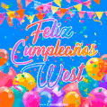 A vibrant animated GIF with 'Feliz Cumpleaños West' written in colorful script, surrounded by balloons, confetti, and bunting on a bright blue background.