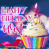 A festive animated GIF featuring a colorful cupcake with a single lit candle, sprinkles, and 'Happy Birthday West' text against a sparkling, celebratory background.