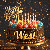 Bright candles flickering on a festive chocolate cake with the name West displayed in golden letters.