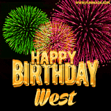 A captivating GIF with bursts of green, pink, and orange fireworks lighting up the night sky, accompanied by 'Happy Birthday West' in glowing golden text.
