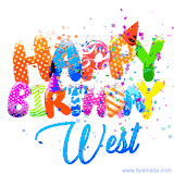 Animated GIF with colorful, festive 'Happy Birthday West' text decorated with patterns, a party hat, and falling confetti. A vibrant and cheerful design for birthday celebrations.