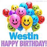 An animated birthday-themed name GIF with colorful smiling balloons and bold 'Westin, Happy Birthday!' text for a celebratory touch.