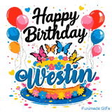 A birthday cake on a blue plate decorated with multi-colored flowers and balloons, personalized for Westin.