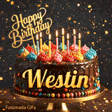 A delicious-looking chocolate cake topped with multiple lit candles and a golden Happy Birthday sign, personalized for Westin.