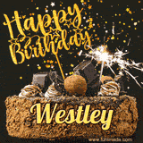 Animated GIF featuring the text 'Happy Birthday Westley' written in glittering gold above the luxurious chocolate birthday cake adorned with truffles, gold stars, and sparklers.