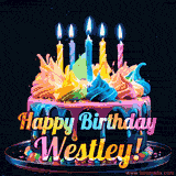 A vibrant animated GIF featuring a colorful rotating birthday cake with bright frosting swirls, glowing candles, and the text 'Happy Birthday Westley!' in rainbow colors.