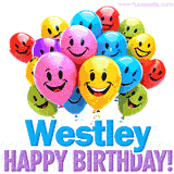 An animated birthday-themed name GIF with colorful smiling balloons and bold 'Westley, Happy Birthday!' text for a celebratory touch.