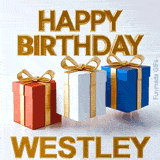 Clean and professional 3D animated Happy Birthday Westley design featuring three bouncing gifts casting dynamic shadows on a white studio floor