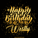 Animated GIF with colorful, festive 'Happy Birthday Westly' text decorated with patterns, a party hat, and falling confetti. A vibrant and cheerful design for birthday celebrations.