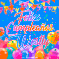 A vibrant animated GIF with 'Feliz Cumpleaños Westly' written in colorful script, surrounded by balloons, confetti, and bunting on a bright blue background.