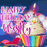 A festive animated GIF featuring a colorful cupcake with a single lit candle, sprinkles, and 'Happy Birthday Westly' text against a sparkling, celebratory background.