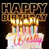 A vibrant animated GIF featuring a delicious birthday cake topped with glowing candles and the name 'Westly' in elegant script, and the words 'Happy Birthday' on the black background.