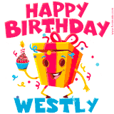 A funny animated birthday GIF with the words 'Happy Birthday Westlya', colorful gift box with arms and legs, holding a cupcake with a lit candle  with confetti everywhere.
