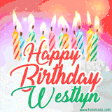 Bright birthday candles with rainbow flames on a cake, alongside the text 'Happy Birthday Westlyn' in vibrant script in this celebratory animated GIF.