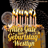 A chocolate birthday cake with glowing candles, the German text 'Alles Gute zum Geburtstag Westlyn,' and vibrant fireworks lighting up the background in an animated GIF.