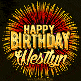 Golden 'Happy Birthday Westlyn' text accompanied by animated rainbow fireworks for a festive animated greeting.