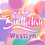 A vibrant name GIF featuring colorful balloons in shades of pink, orange, and yellow with the bold text 'Happy Birthday Westlyn' in festive fonts, creating a lively birthday vibe.