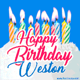 A cheerful animated GIF featuring colorful lit birthday candles on a white cake, with the text 'Happy Birthday Weston' in bold red and blue script on a bright blue background.