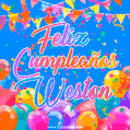 A vibrant animated GIF with 'Feliz Cumpleaños Weston' written in colorful script, surrounded by balloons, confetti, and bunting on a bright blue background.