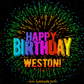 A colorful animated GIF featuring the text 'Happy Birthday Weston!' in rainbow colors with a dynamic iridescent firework display in the background.